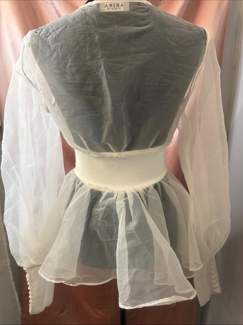 AKIRA Sheer White Organza Corset-Front Peplum Blouse - Picture 6 of 9